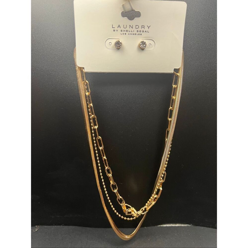 New Laundry by Shelli Segal Gold Tone 3 Multi Chain Layered Necklace Earring Set